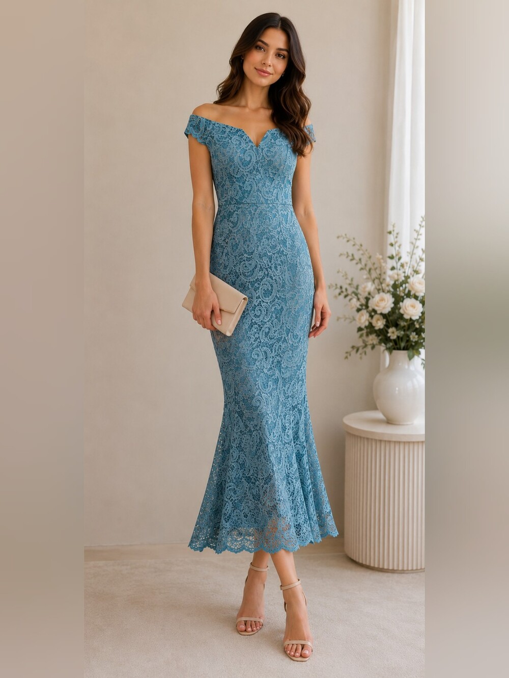 VENUS Teal Lace One-Shoulder Mermaid Dress